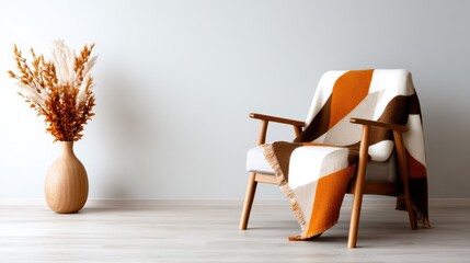 An elegant wooden chair draped with a patterned blanket and accompanied by a stylish vase of dried flowers, embodying modern decor and minimalist design.