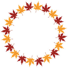 The frame is round made of bright autumn leaves on a white background. Red, orange, maple leaves. Hand-drawn botanical plants in a vector.