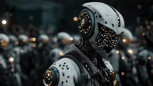 Advanced ai robotics: futuristic robot army marching in unison