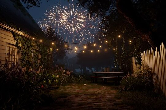 New years eve fireworks from a empty backyard