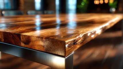 An artistic view of a polished wooden table edge highlights the intricate grain and finishes, showcasing the craftsmanship in a stylish and well-lit environment.
