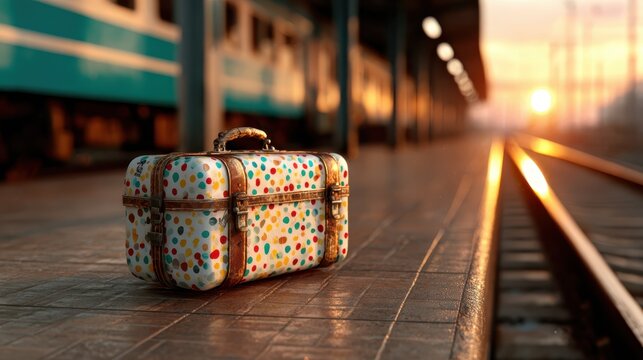 A charming, colorful polka dot suitcase sits abandoned on the train platform, evoking travel nostalgia as the sun sets and infusing the scene with a touch of whimsy and adventure.