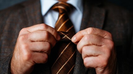 A close-up shot of a man meticulously adjusting his tie, showcasing precision and style, representing sophistication, attention to detail, and the art of personal grooming.