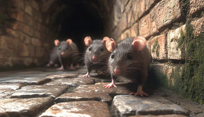 Group of rats in creepy brick cellar. Rodents explore dark underground sewer, urban environment. Black, brown animals, mammal wildlife