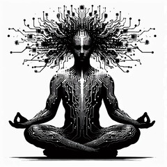 A black and white silhouette of a cyborg sitting in a lotus position during meditation, with digital quantum streams emanating from his head. Vector graphics. EPS.