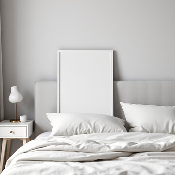 blank canvas frame mockup in cozy bedroom setting modern aesthetic beautiful nightstand design soft fabric headboard backdrop versatile poster display ISO A3 paper size high quality 3D render for home