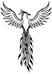 Majestic Phoenix in Flight, black and white tattoo illustration symbolizing rebirth and strength