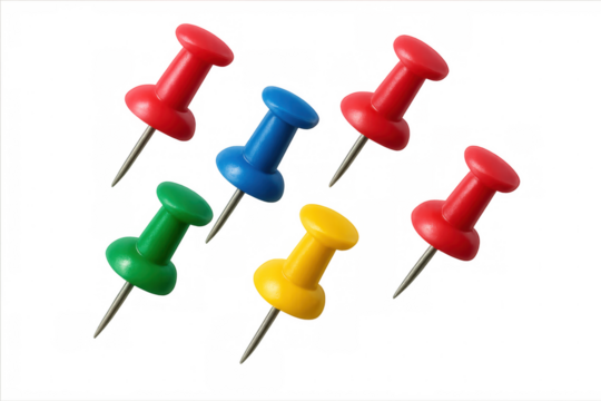 Six vibrant push pins in various colors resting on a transparent background, perfect for enhancing any creative design project