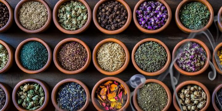 Wooden bowls of various herbs and spices in a spectrum of colors as smoke billows