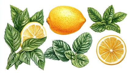 Lemon and Mint Leaves on White Background Representing Fresh Ingredients Healthy Foods and Natural Flavors for Culinary Recipe Development and Food Marketing