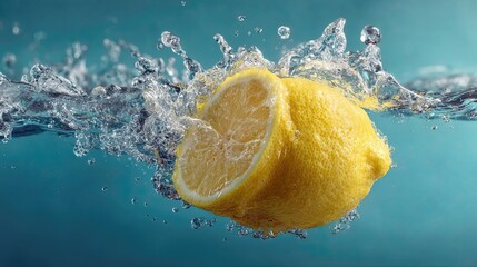 Lemon Splash Water mid-motion with droplets caught in crisp clarity ideal for citrus-themed compositions commercial freshness visuals and summer beverage ads