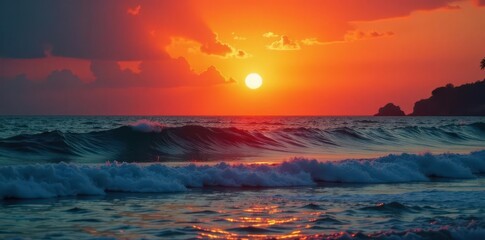 Fiery orange sun dips below horizon, illuminating tranquil ocean waves, nature, twilight, peaceful