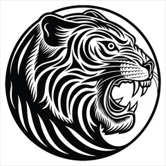 Fierce roaring tiger head in tribal tattoo style, monochrome line art in circular frame