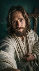 Fototapeta premium A man resembling Jesus Christ, with wavy brown hair, and kind brown eyes. He wears a traditional off-white Christian robe with subtle texture