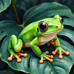 Digital Illustration of a Green Tree Frog on a Leaf