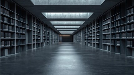Library shelves perspective with infinite rows quiet light and educational ambiance ideal for academia and interior storytelling