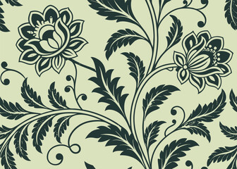 Classic decorative floral motif with swirling vines on light background for fabric or wallpaper