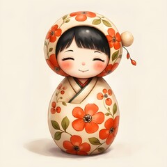 Digital Illustration of a Kokeshi Doll with Floral Kimono