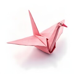 Pink Origami Crane on White Background