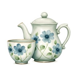 Teapot and Teacup with Blue Flower Design