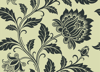 Intricate botanical illustration with dark petals and leaves over soft neutral backdrop