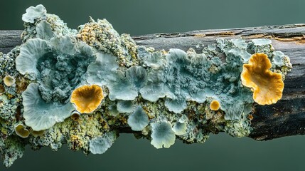 Lichen covering wood beam with green growth aging wood and close texture perfect for decay nature or detail shots