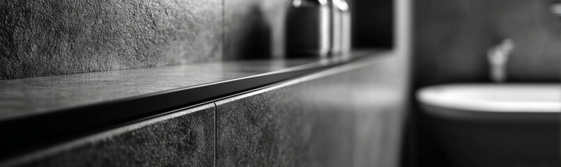 A macro view of vertical molding made of black metal in a contemporary bathroom.