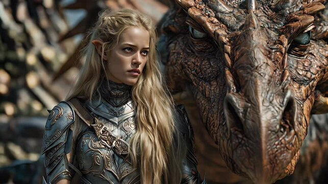 A blonde elf warrior and her dragon companion