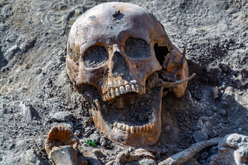 Sceleton in the cemetery of the medieval monastery in Peternmonostora