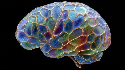 photograph of a 3d brain clear glass voronoi pattern, camera angle is straight on, colorful glass, abstract, solid black background