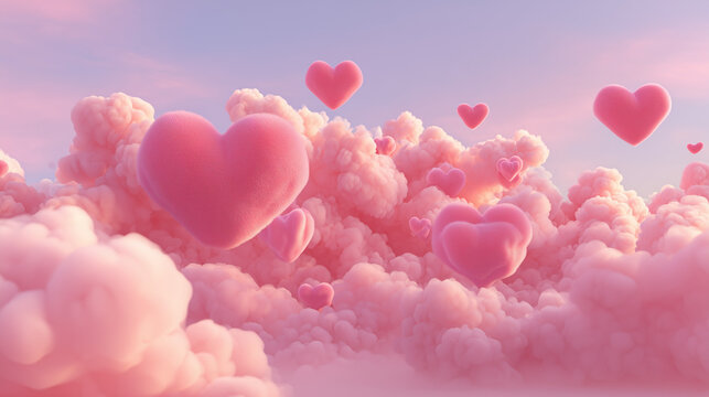 A dreamy Valentine’s Day scene features heart-shaped pink clouds, radiating love and tenderness.

