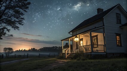 Illuminated porch of a farmhouse under a starry sky with a distant sunrise glow horizon