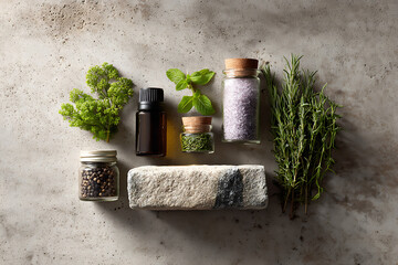 Overhead shot of herbs, spices, and a soap bar on a textured gray surface in a well lit studio