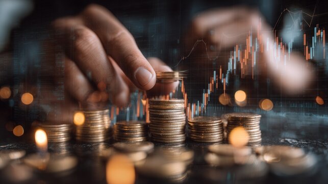 Businessman analyzing financial investment strategy with economic growth. man's hand with money coins, overlay of stock market graph chart