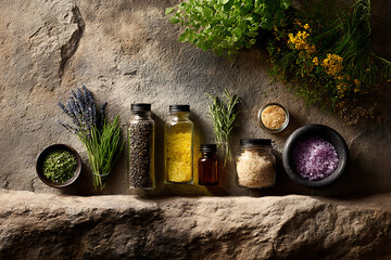 Various herbs and salts displayed in jars and bowls on a stone surface with natural lighting overhead