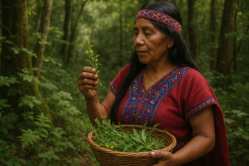 Indigenous Woman Gathering Medicinal Herbs in Forest, Traditional Healing, Ethnobotany, Ancestral Knowledge
