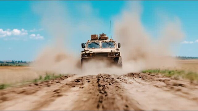 A military vehicle is driving through a dirt road. The vehicle is covered in dirt and dust