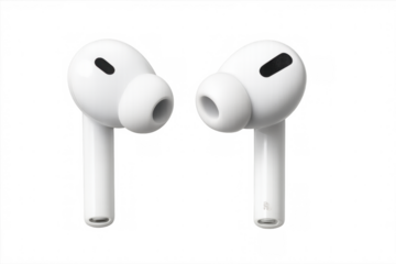 Modern white wireless earbuds isolated on a transparent background, perfect for listening to music or taking calls on the go
