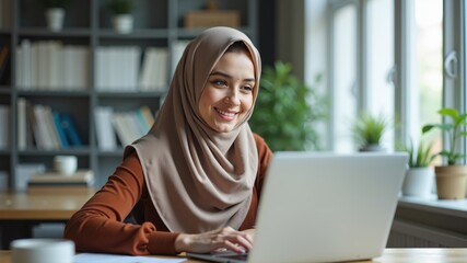 Portrait of young muslim woman wearing hijab working with laptop computer in her modern business office.
