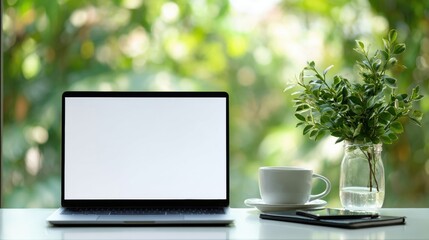 Fototapeta premium Modern workspace with open laptop, white coffee cup, green plant in glass vase on natural light table