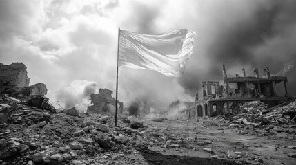 War destruction and surrender flag