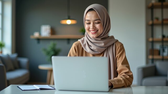 Portrait of young muslim woman wearing hijab working with laptop computer in her modern business office.
