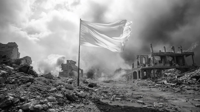 War destruction and surrender flag