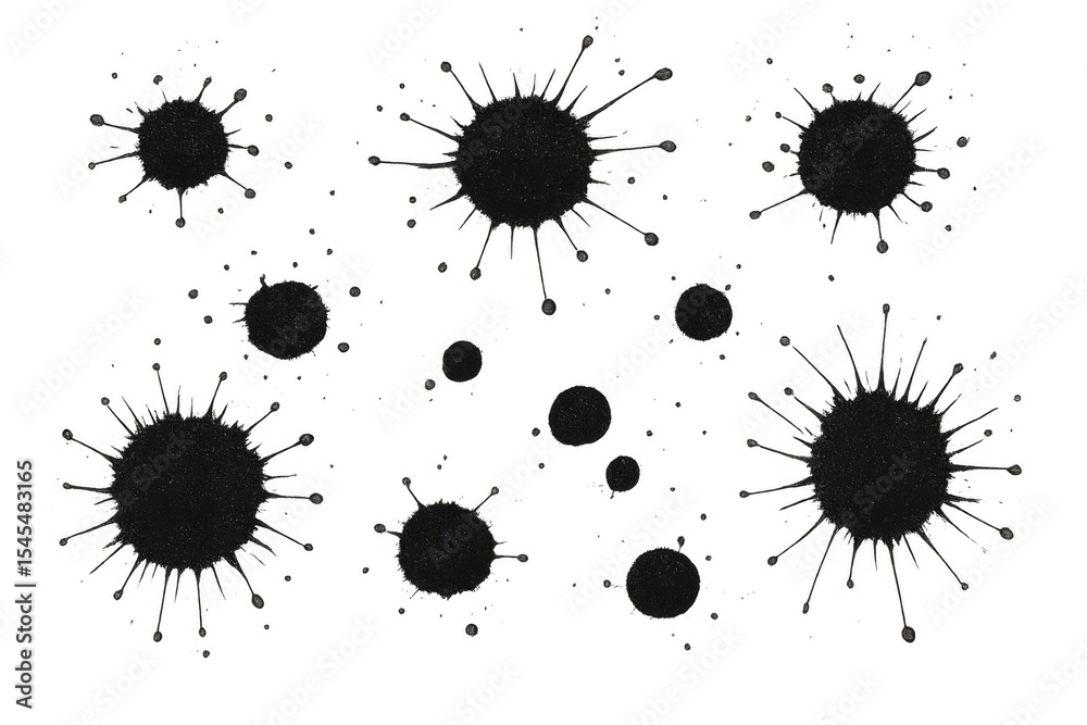Poster black ink blots splashing, spilling across transparent backdrop, creating graphic design elements wi