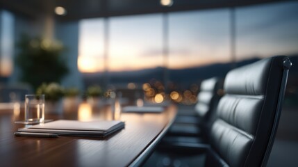 Elegant Conference Room Ready for a Productive Meeting with a Clear Glass of Water Documents and a Pen Overlooking a Blurred Sunset City Skyline View