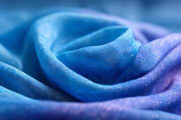 A close up shot of a folded blue and purple shimmering fabric with soft lighting and textures visible