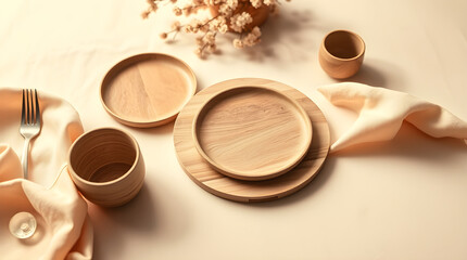 Wooden dinnerware set on a beige table with a napkin, fork, and flower decoration
