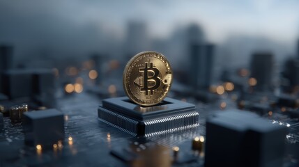 Golden Bitcoin on Computer Processor Symbolizing Digital Finance and the Future of Cryptocurrency on a Futuristic Blue Abstract Technological Backdrop