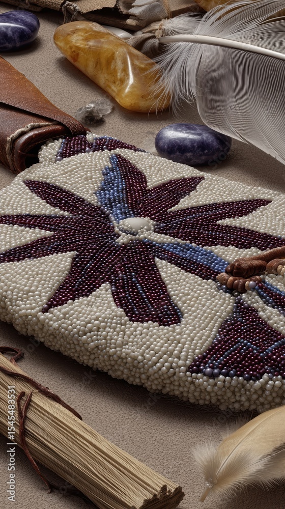 Aufkleber close up of intricate beadwork on natural fibers and feathers showcasing vibrant craftsmanship