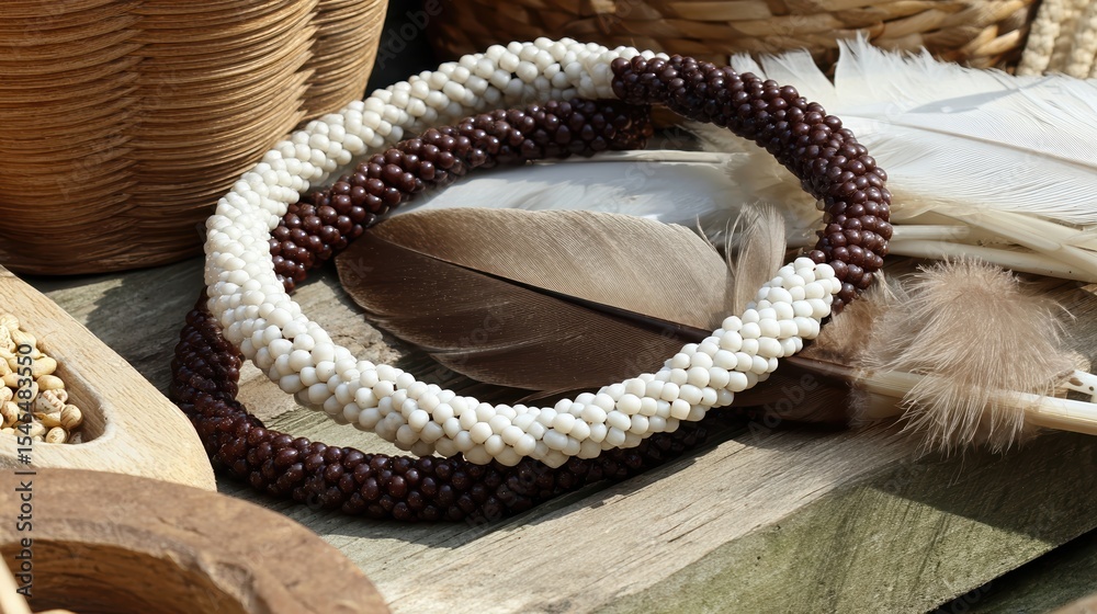 Poster close up view of intricate beadwork with natural fibers and feathers on a neutral background